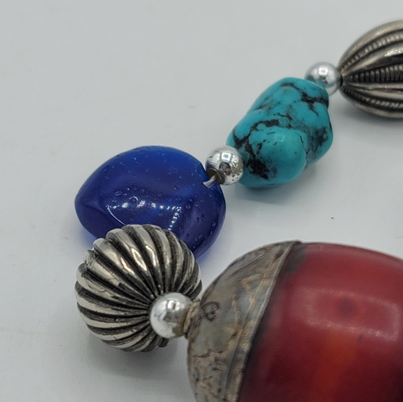 Chunky Beaded Necklace Copal Amber Turquoise Jasper Coral Mixed Metals Vintage - Picture 3 of 15